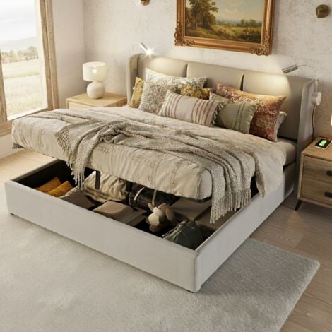 TANANT Bettkasten 160x200 cm, mit 2 Leselampen und USB-Anschluss, Doppelbett mit Lattenrost, großer Stauraum, modernes Design, Beige