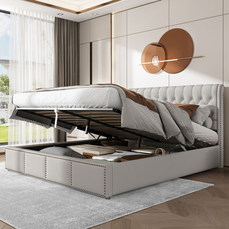 Modenvie Bettkasten 180×200 Cm, Doppelbett Mit Hydraulikhebel, Gepolstertes Kopfteil Und Nieten, Ohne Matratze, Aus Leinen Grau