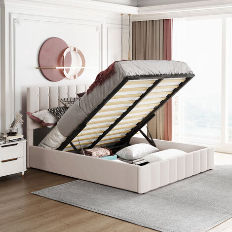 Lit coffre adulte 140 x 200cm - lit double en velours avec sommier à lattes en métal et tête de lit réglable en hauteur