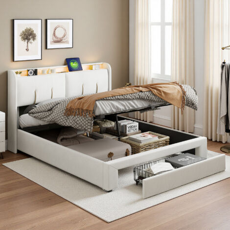 Bettrahmen 160 x 200 cm - Samtstoff - LED UND USB - hydraulisch - Bett 160 x 200 cm - Beige