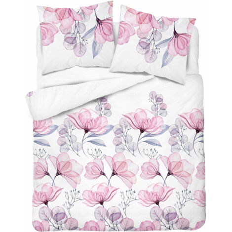 Bettwäsche Set 220x200 Satin Microfaser Blumen Weiß Rosa