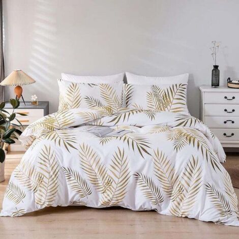 Bettwäsche-Set (Bettbezug 220 x 240 cm, Doppelbett) und 2 Kissenbezüge (50 x 75 cm), 100 % Mikrofaser, mit botanischem Design aus goldenen Tropenblättern und Reißverschluss, Gold und Weiß