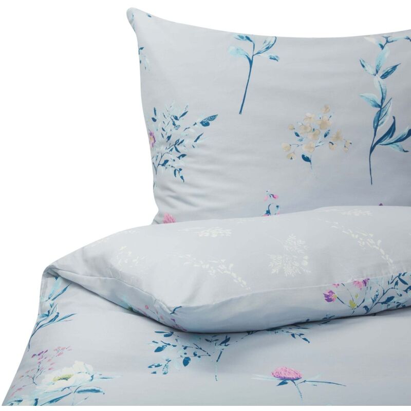 Beliani Bettwäsche Set Hellblau Blumenmuster Baumwollsatin 3-teilig Überlänge Für Doppelbett 200x220 Cm 2 Kopfkissenbezüge Und Deckenbezug Mit Knöpfen