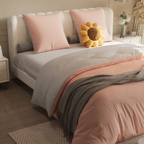 Bettwäscheset 160x200 cm 4 Teile, Doppelbettwäsche mit 1 Spannbettlaken, 1 Bettbezug und 2 Kissenbezügen, Polyester, Rosa + Hellgrau