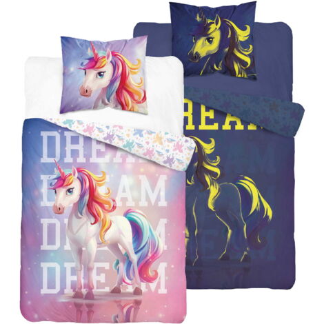Bettwäscheset leuchtend im Dunkeln 140x200 Regenbogen Einhorn bunt