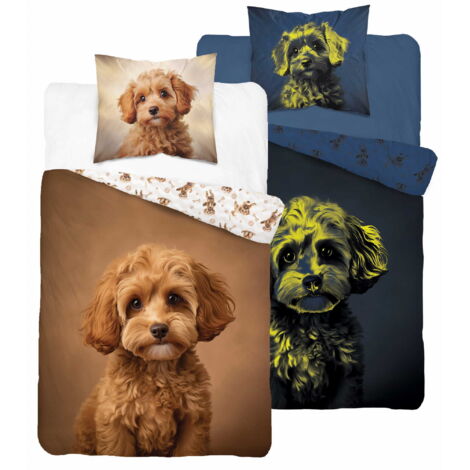 Bettwäscheset leuchtet im Dunkeln 140x200 brauner Pudelhund