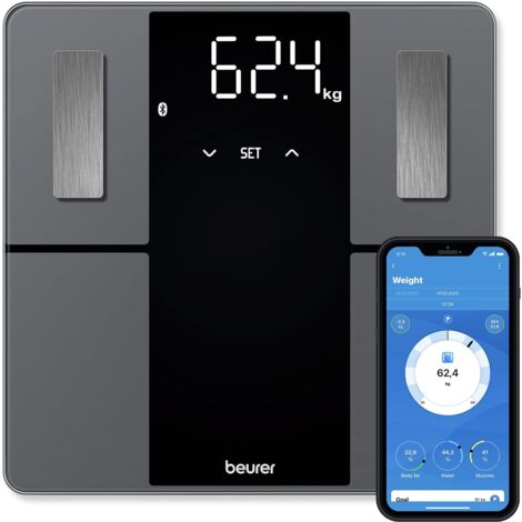 Beurer BF 500 Super Black Edition Báscula diagnóstica con Bluetooth, báscula corporal digital conectada con el móvil vía app, análisis de los valores corporales, pantalla extra grande