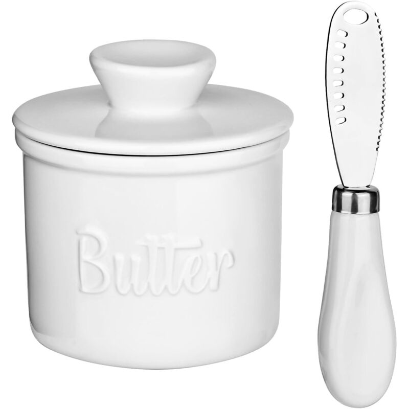 Beurrier français, en céramique, refroidi à l'eau, pour un beurre frais et tartinable (blanc)
