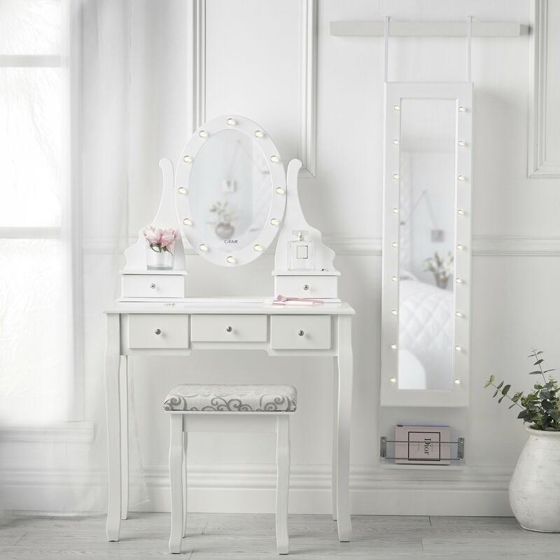 Carme Home - Beverely Dior x Crystal Set White LED Light Mirror Dressing Table Stool Wall Mirrored Jewellery Cabinet Makeup Storage
