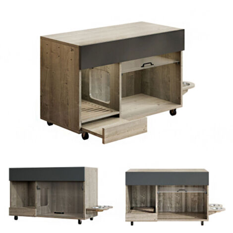 Bewegbarer Katzenkloschrank (Katzentoilettenschrank) – mit Katzenfuttertellern, Sandauffangschale, Lochplatte mit Hakenlöchern, ohne Katzenklo, 100×45,5×67 cm (antikgrau-braune Farbe, Eichenholzfarbe)