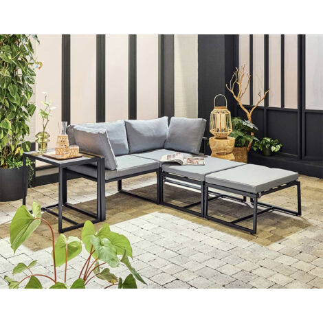 Beyla - gartenmöbel -set modularer schwarzer stahl - 4 sitzplätze - graue kissen - schwarz / grau
