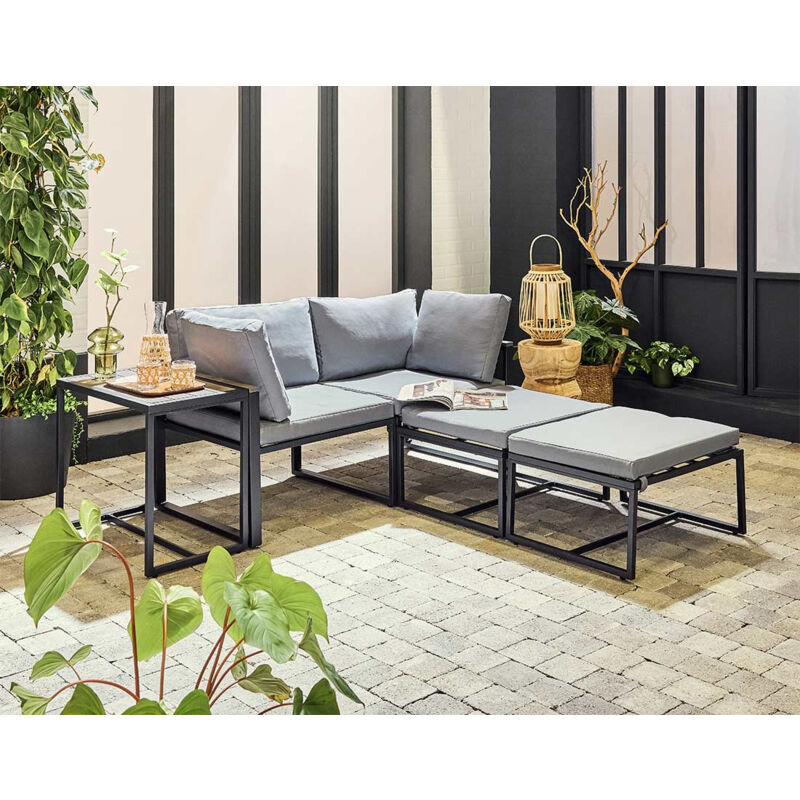 Bestmobilier - Beyla – salon de jardin modulable en acier noir - 4 places - coussins gris - noir / gris