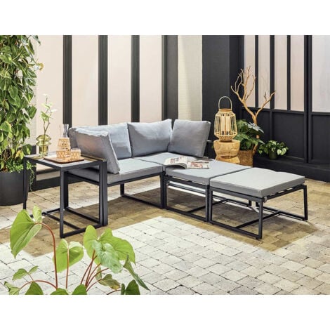 Beyla – salon de jardin modulable en acier noir - 4 places - coussins gris