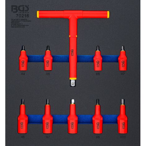 BGS Garniture de servante d'atelier 2/3 : Jeu de douilles à embout VDE Entraînement Carré intérieur 10 mm (3/8") / 12,5 mm (1/2") Hexagone intérieur 4 - 10 mm 10pcs - 70216