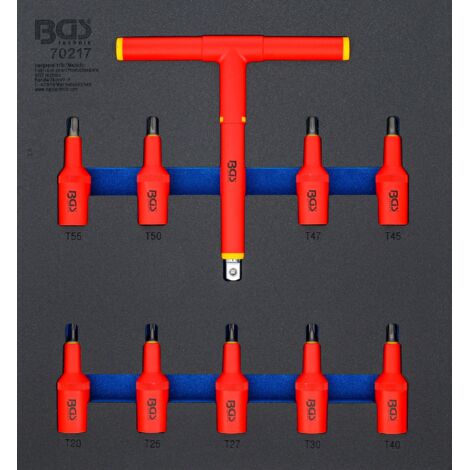 BGS Garniture de servante d'atelier 2/3 : Jeu de douilles à embout VDE Entraînement Carré intérieur 12,5 mm (1/2") Profil en T (pour Torx) T20 - T55 10pcs - 70217