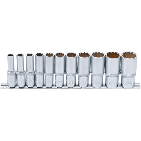 BGS Juego de llaves de vaso 12 caras, largas  entrada 10 mm (3/8)  medidas en pulgadas  11 piezas