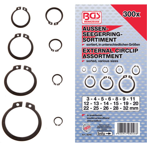 Bgs Technic – Assortiment de 300 circlips extérieurs 3 à 32 mm – Acier 65 MN – Pour applications mécaniques – Résistants et durables