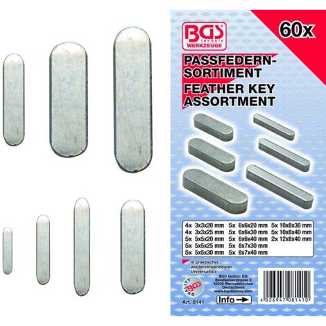 Bgs Technic – Assortiment de 60 clavettes parallèles – 3x3mm, 5x5mm, 6x6mm, 8x7mm, 10x8mm – Pour assemblage précis – BGS 8141