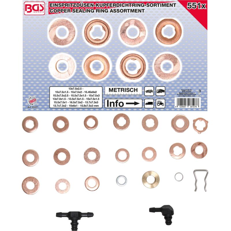 Bgs Technic - Assortiment de joints en cuivre pour injecteur 551 pièces