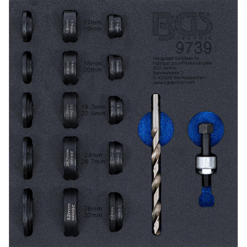 

Bandeja para carro 1/6: Juego de perforadores de agujeros | para sensores de aparcamiento | Ø 17 - 32 mm - Bgs Technic