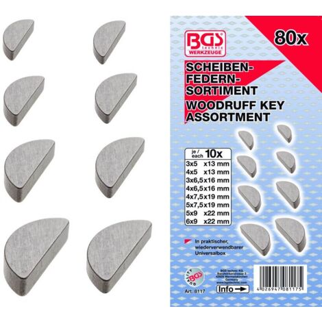 Bgs Technic – Clavettes demi-lune – Assortiment de 80 pièces – 10 dimensions : 3x5x13 mm, 4x5x13 mm, 3x6.5x16 mm, 4x6.5x16 mm, 4x7.5x19 mm, 5x7.5x19 mm, 5x9x22 mm, 6x9x22 mm