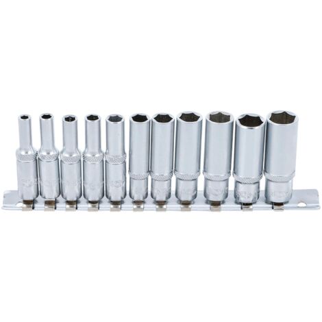 Bgs Technic – Jeu de 11 douilles 6 pans profondes 4 à 13 mm – Acier chrome-vanadium – Longueur 50 mm – Carré 1/4' pour cliquet