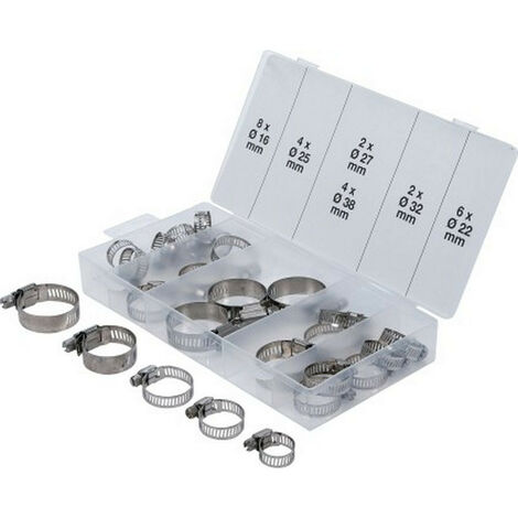 Bgs Technic – Coffret de 26 colliers de serrage inox 16-38 mm – Pour mécanique et plomberie – Vis à fente et six pans mâle – Entraînement 6/7 mm