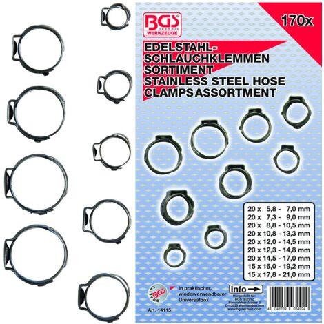 Bgs Technic – Colliers de serrage inox type Oetiker – Assortiment de 170 pièces – Diamètres de 5,8 à 21mm – Sertissage efficace et durable