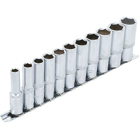 Bgs Technic – Jeu de 11 douilles extra longues 6 pans carrés 3/8' – Acier chrome-vanadium – Dimensions 8 à 19 mm – Cannelure pour meilleure adhérence