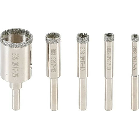 Bgs Technic – Jeu de 5 trépans diamantés 6-8-10-12-25mm – Pour carrelage, verre, marbre – Queue 6,3mm (1/4') – Scie cloche professionnelle