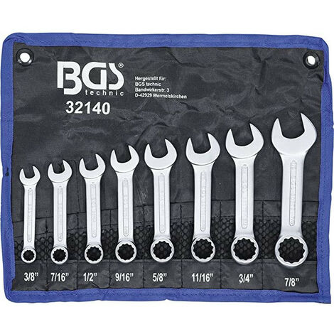 Bgs Technic – Jeu de 8 clés mixtes à œil plates extra courtes 3/8' à 7/8' – Pour motos et autos américaines – Dimensions précises pour accès étroit