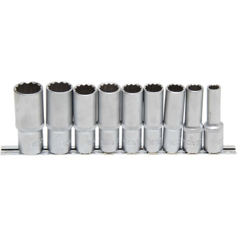Bgs Technic – Jeu de 9 douilles longues 12 pans – Acier chrome vanadium – Entraînement carré 1/2 pouce – Dimensions de 10 à 24 mm