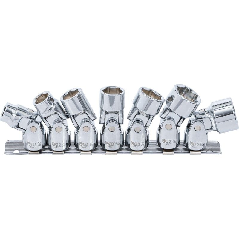 

Juego de llaves de vaso articuladas, hexagonal | entrada 10 mm (3/8') | 3/8' - 3/4' | medidas en pulgadas | 7 piezas - Bgs Technic