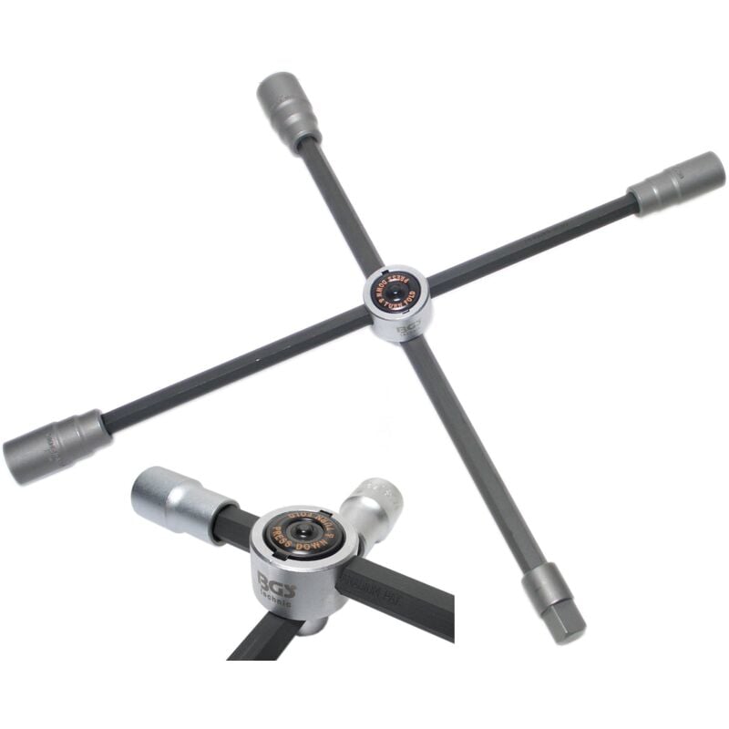 

Llave de cruz para camiones | plegable | cuadrado | 24 x 27 x 32 x 20 mm (3/4') - Bgs Technic