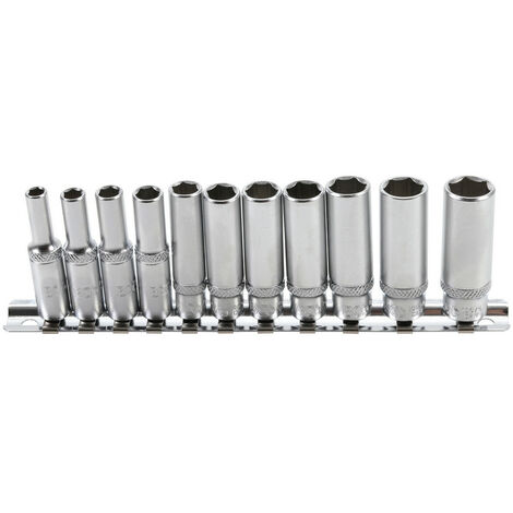 Bgs Technic – Set de 11 douilles carrées 1/4' – Longueur extra – Acier chrome-vanadium – Cannelure pour meilleure prise – Rail de rangement métal