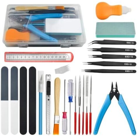 BGTXINGI Ensemble de 28 pièces d'outils base pour modélisme Gundam avec boîte en plastique - Kit modèles réduits, assemblage, réparation et bricolage