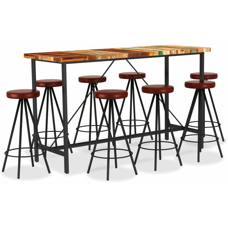 

Rogal Home&Deco Set muebles de bar 9 piezas madera reciclada y cuero auténtico