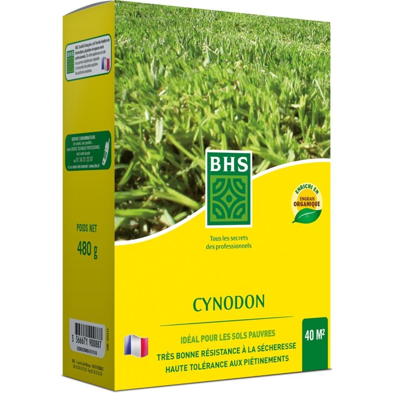 BHS - CYN480 480g 40 m² Cynodon Zones méditerranéennes Assure un tapis vigoureux et dense d'un vert assez foncé S'installe sur tous types de sols