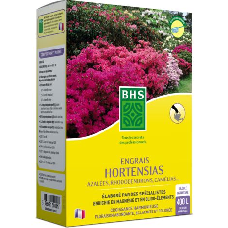 BHS ESH800 Engrais Hortensias  800 g Soit 400 L Floraison Abondante Eclatante Et Colorée Fabriqué en France