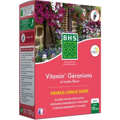 BHS EVGE750 Engrais Vitamin' Geraniums 750 g Soit 125 Pieds Équilibre A Dominante Azotée Et Potassique pour Favoriser Une Croissance Régulière Et Harmonieuse Fabriqué en France