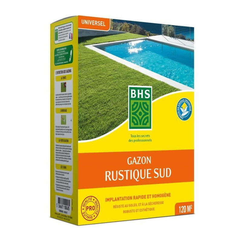 BHS - Gazon Gazon Rustique Sud - 1kg, 40 m². Résistant aux conditions seches grâce a la fétuque élevée. Rapide et homoge