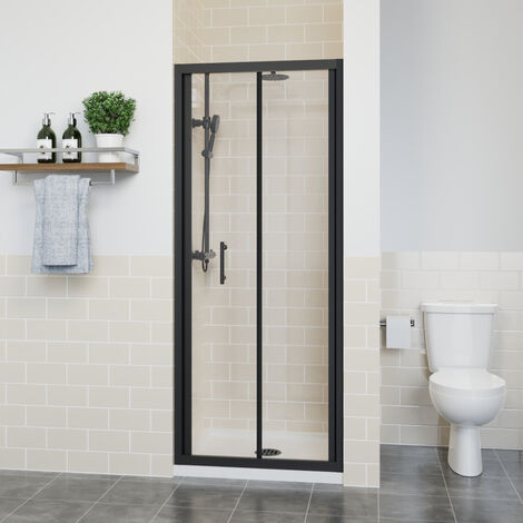 Bi Fold Shower Door Enclosure Bathroom Walk In Glass Screen Panel Black 800mm