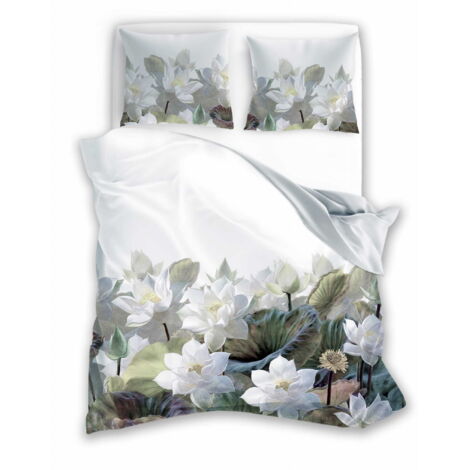 Biancheria da letto in raso 160x200 stampata digitalmente con fiori nobili e verde su sfondo chiaro