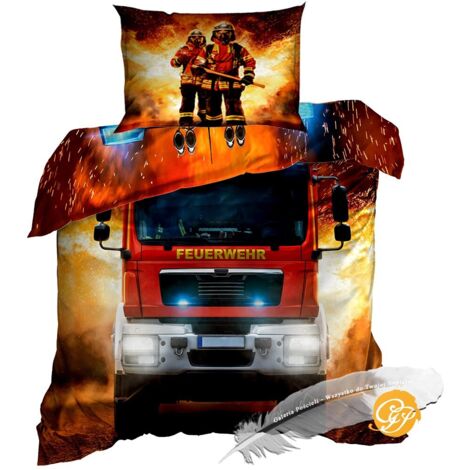 Biancheria da letto in raso di cotone 3D 140x200cm CAMION DEI POMPIERI. ROSSO DEI POMPIERI