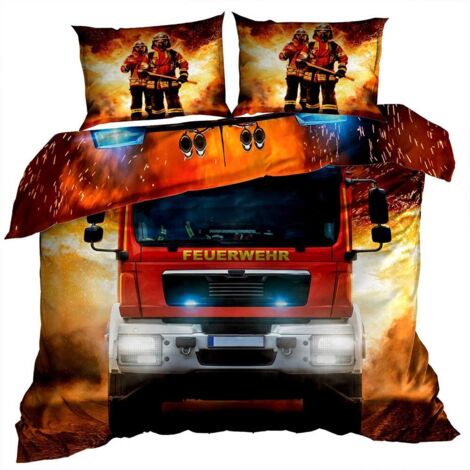 Biancheria da letto in raso di cotone 3D 160x200cm CAMION DEI POMPIERI. ROSSO DEI POMPIERI
