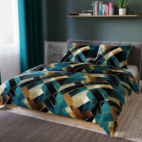 Biancheria da letto in raso RUBIK - Solidi geometrici nelle tonalità del turchese e dell'oro - 160x200cm