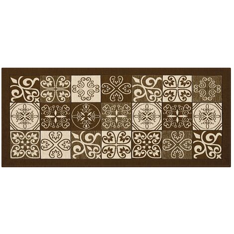 BIANCHERIAWEB Tappeto cucina antiscivolo lavabile, Passatoia cucina misura 55x80 cm, Tappeto cucina Made in Italy con Disegno Maiolica Marrone, Tappeto Runner Lavabile e Stirabile