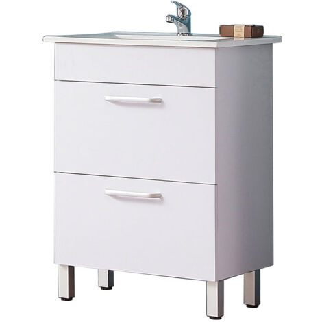 Bianco Mobile Bagno 60 cm Salvaspazio . con lavabo in Ceramica e 2 cassetti.Con piedini in metallo