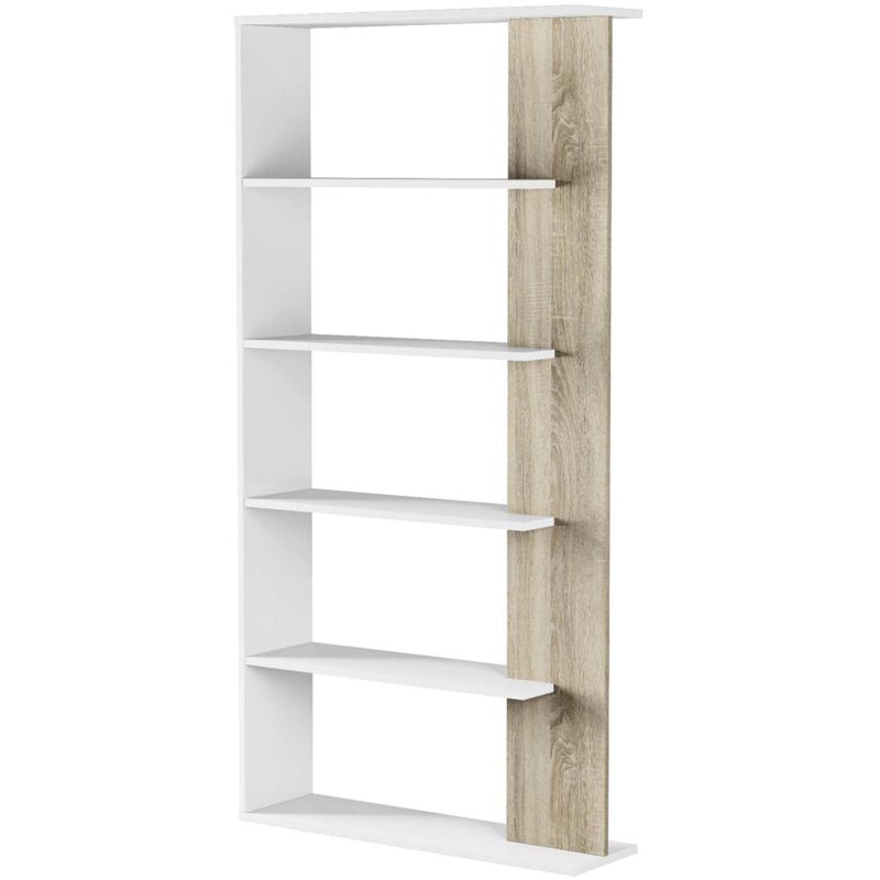 

Librería Mera con cinco estantes, color blanco artik con detalle de color roble, 180 x 90 x 25 cm