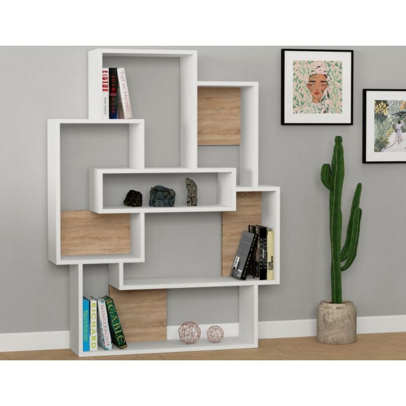 Abitare - Bibliothèque 132 cm chêne clair et blanc mat avec étagères - Pola
